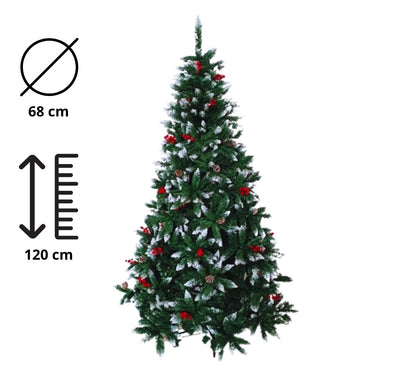 Albero di Natale 120 cm Folto Verde Pigne Bacche Punte Neve 194 Punte Ø 65 cm