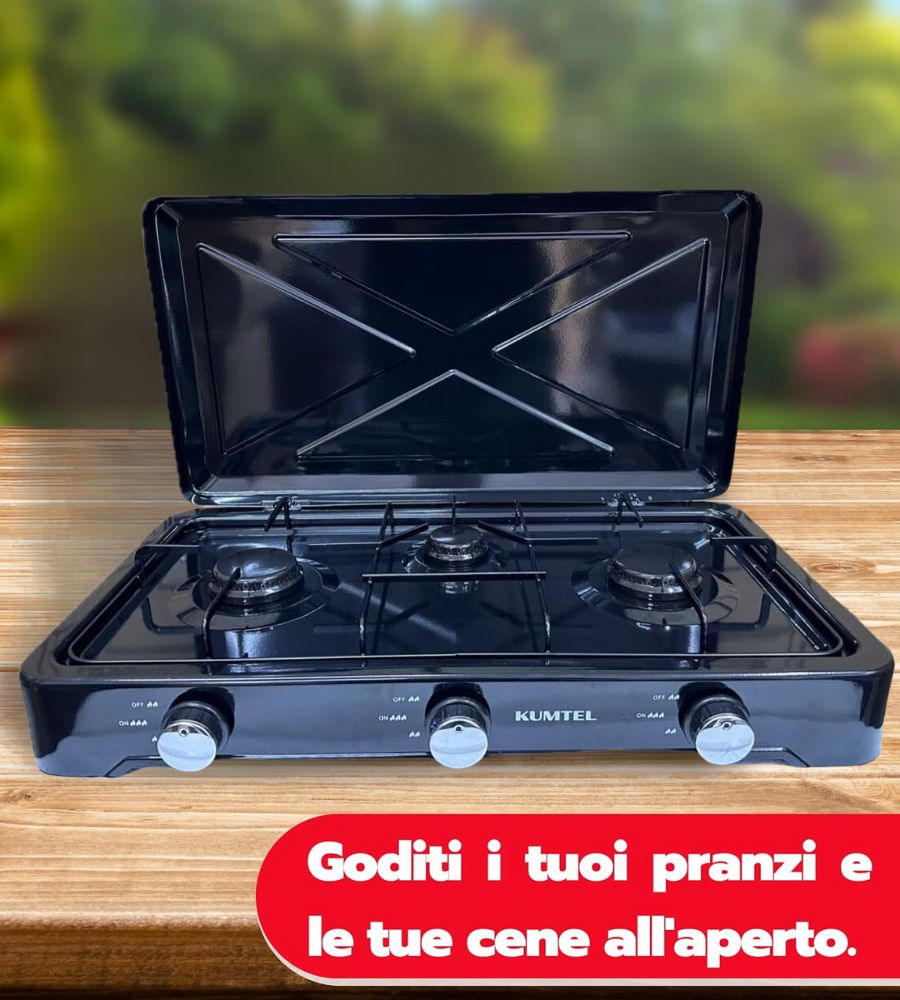 Fornello a Gas Tre Fuochi 3 Bruciatori GPL Cucina Campeggio esterno Nero