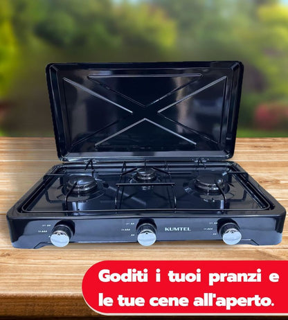 Fornello a Gas Tre Fuochi 3 Bruciatori GPL Cucina Campeggio esterno Nero