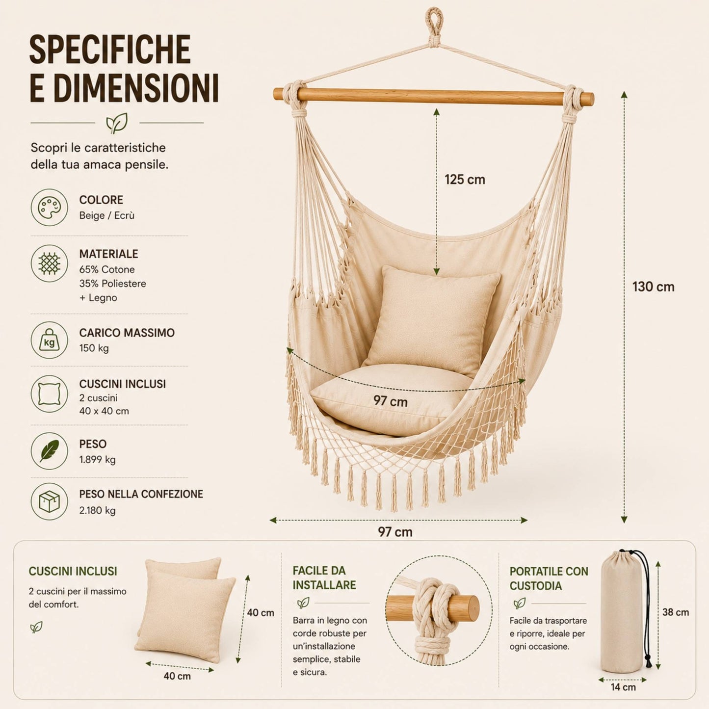 Amaca Poltrona Sospesa Brasiliana Cotone Ecrù Sedia Dondolo Giardino 130 x 97cm