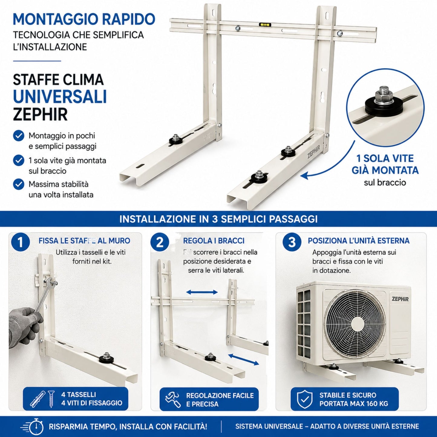 Staffe Condizionatore 160Kg 780x400x500 Montaggio Rapido Antivibrazione