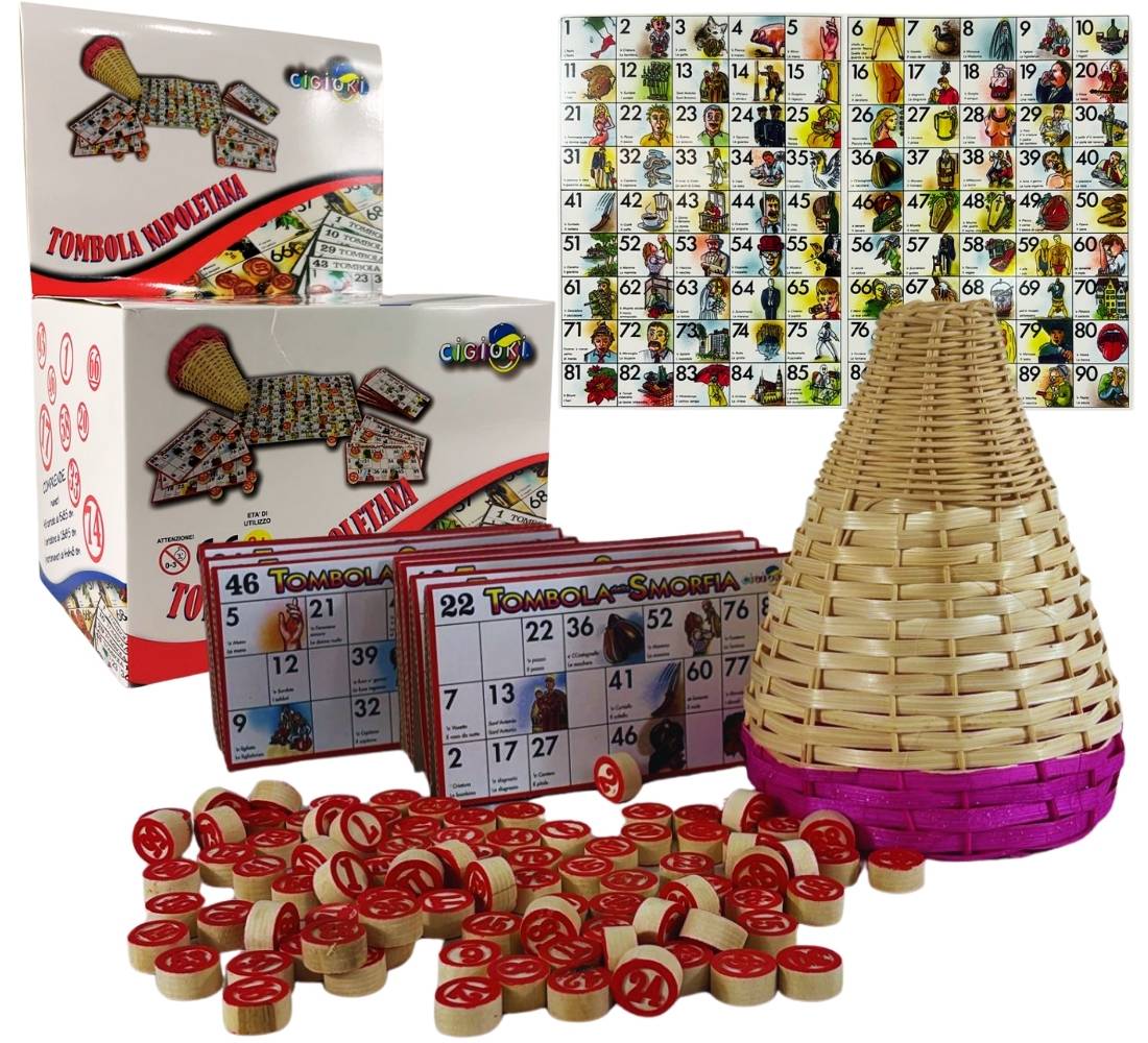 Tombola Napoletana Tradizionale Set Cestino 48 Cartelle 90 Numeri in Legno