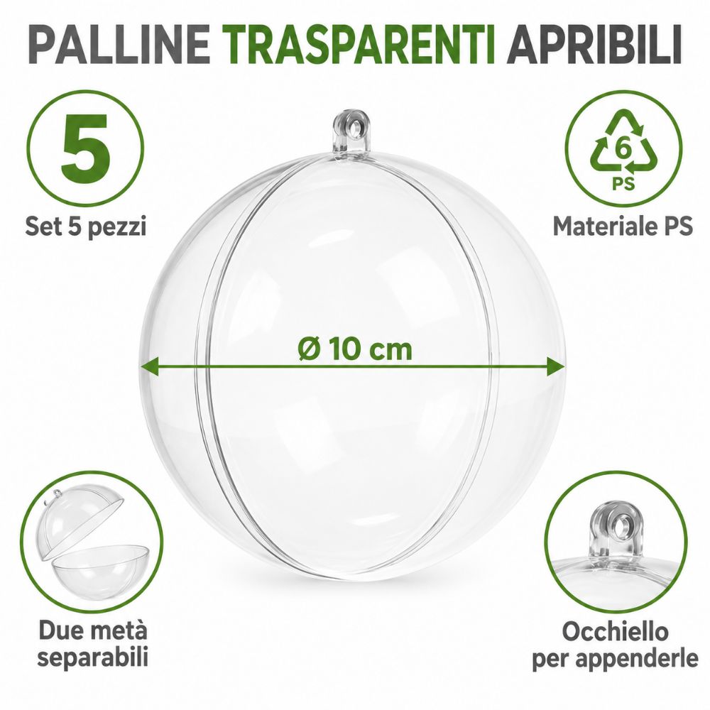 5 Palline Natale Trasparenti Apribili 10 cm Sfere da Riempire Fai da Te