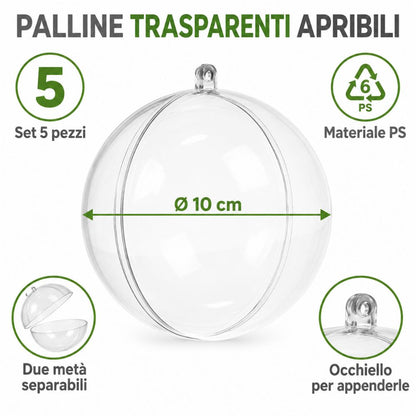 5 Palline Natale Trasparenti Apribili 10 cm Sfere da Riempire Fai da Te