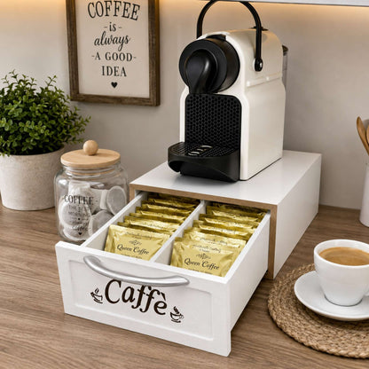 Cassetto Porta Cialde Caffè in Legno Bianco 2 Scomparti 30x20x10 cm Maniglia
