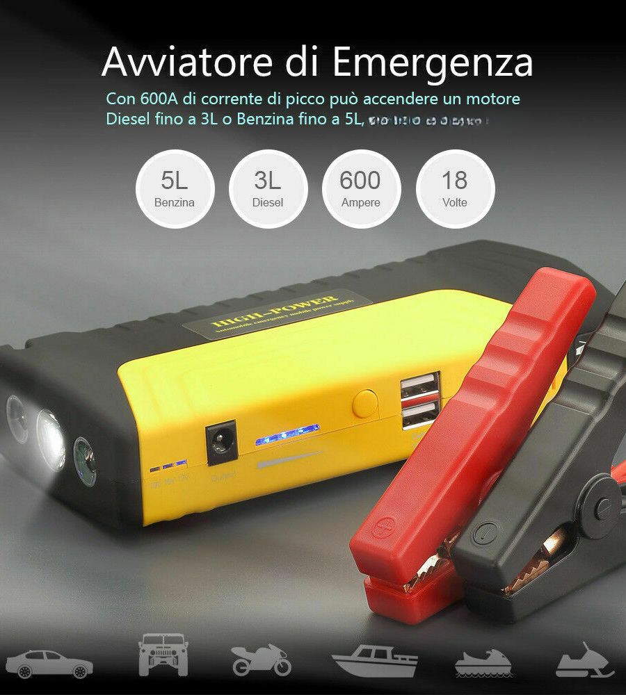 Avviatore Batteria Auto Jump starter Caricabatterie Portatile Emergenza Torcia