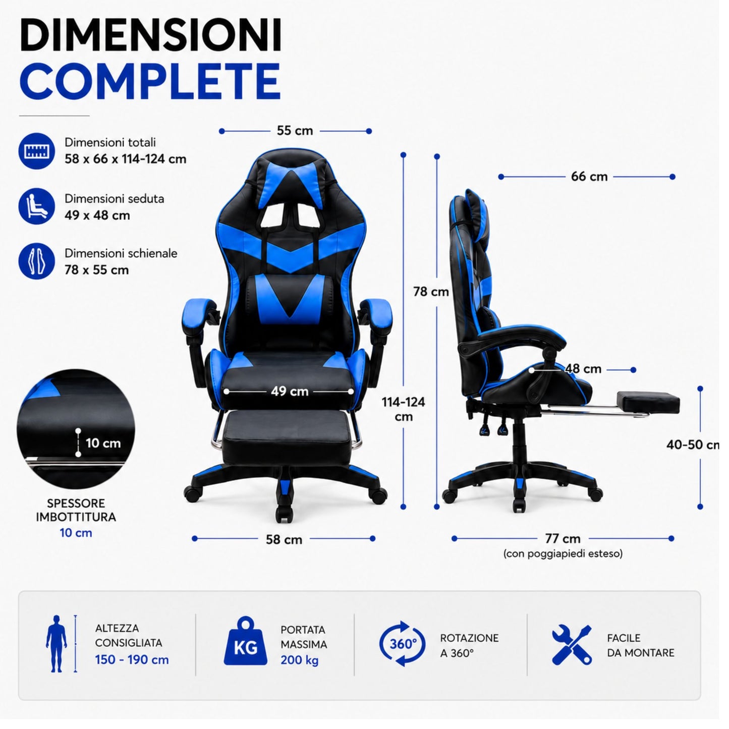 Sedia Gaming Poltrona Scrivania Ufficio Casa Reclinabile Poggiapiedi Blu/Black