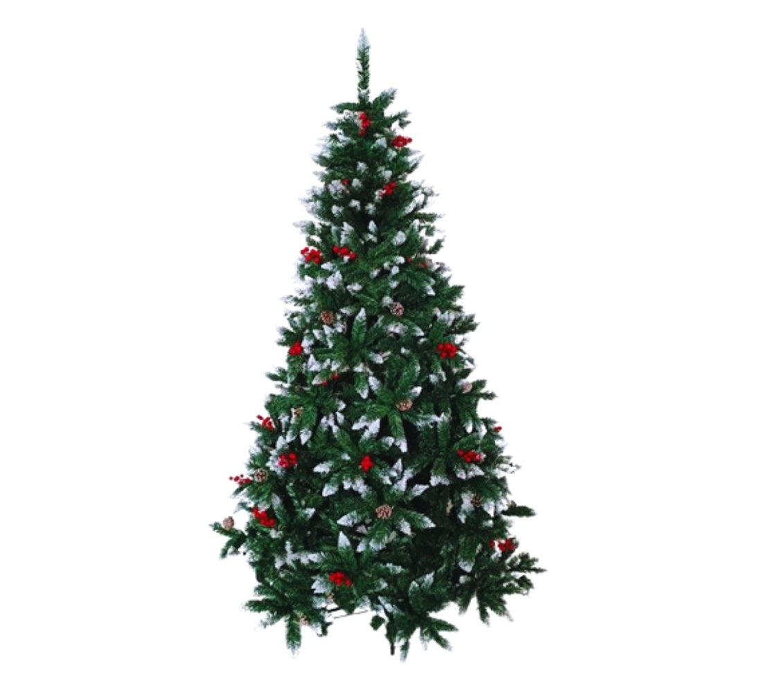 Albero di Natale 120 cm Folto Verde Pigne Bacche Punte Neve 194 Punte Ø 65 cm