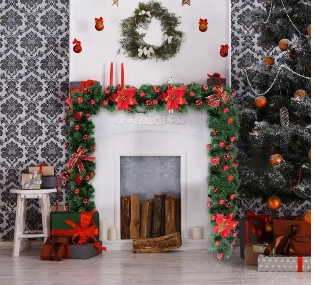 Ghirlanda Addobbata Natalizia Folta 2 Metri Fiocchi e Palline Decorazioni