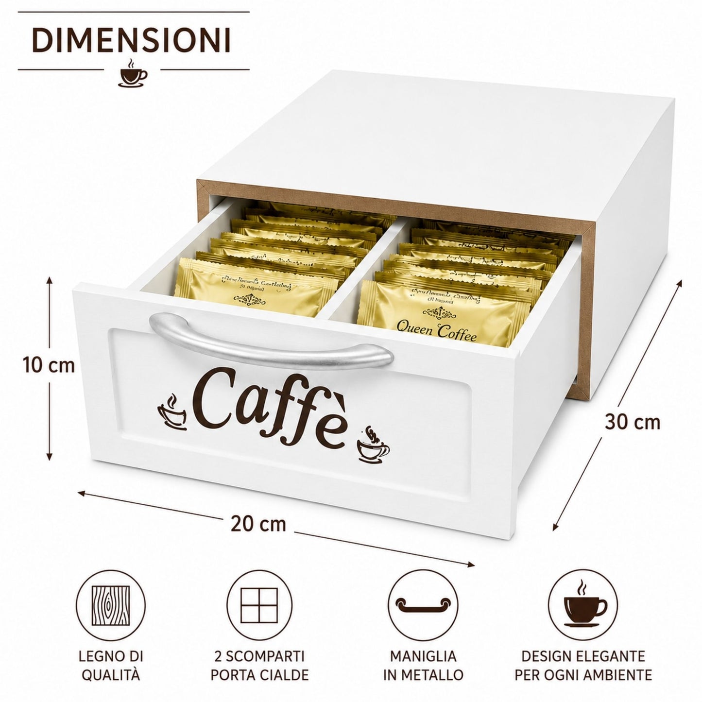 Cassetto Porta Cialde Caffè in Legno Bianco 2 Scomparti 30x20x10 cm Maniglia