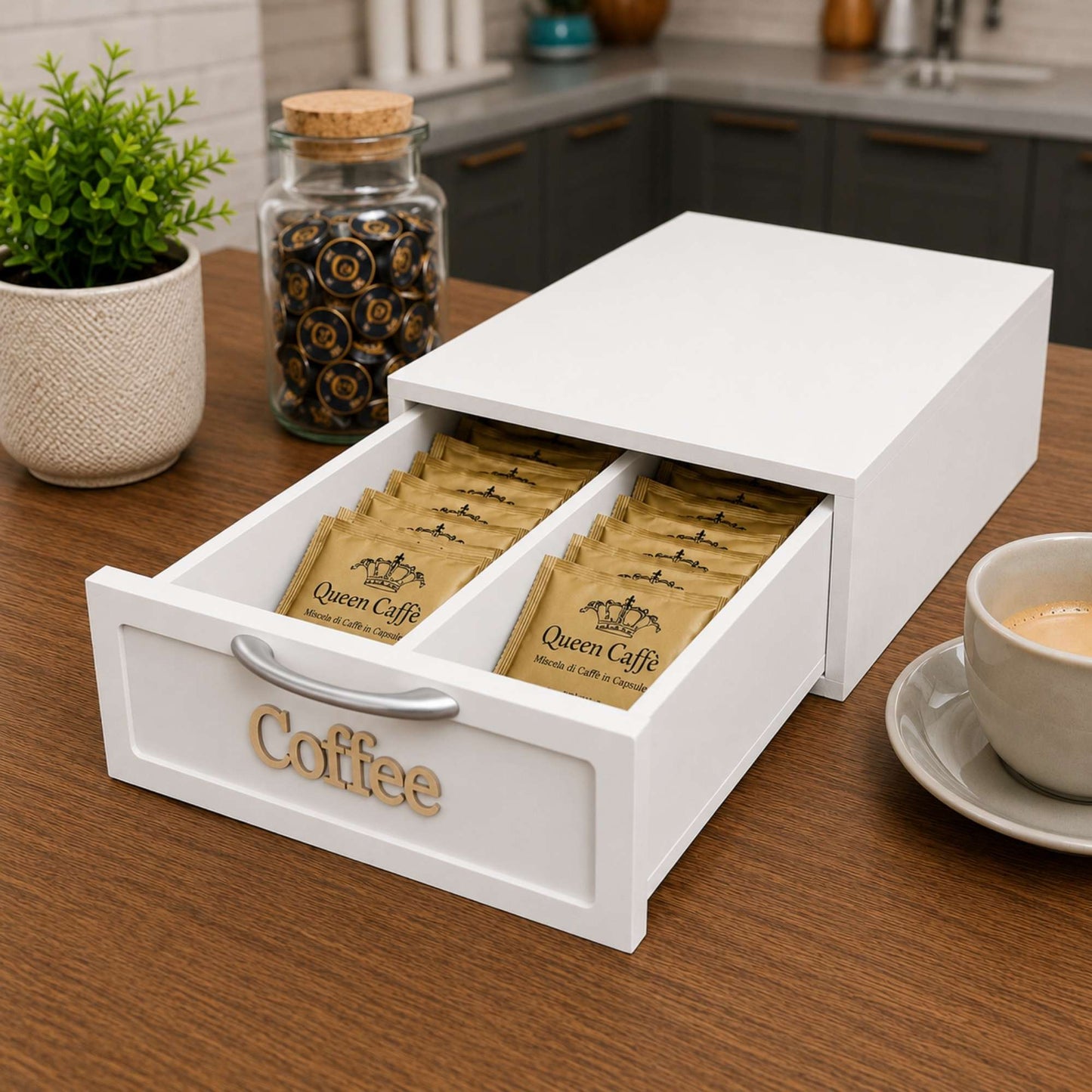 Cassetto Porta Cialde Caffè Legno Bianco 2 Scomparti 30x20x10cm Maniglia Coffee