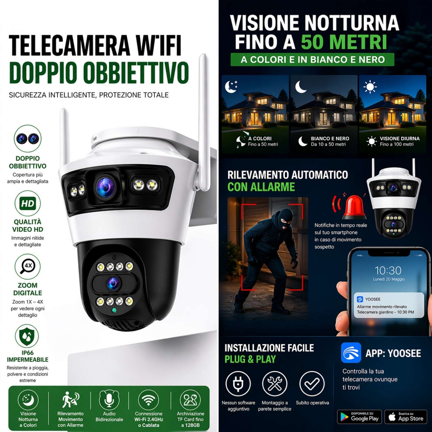 Telecamera wifi doppio obiettivo esterna senza fili hd notturna allarme sicurezza casa