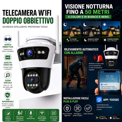 Telecamera wifi doppio obiettivo esterna senza fili hd notturna allarme sicurezza casa