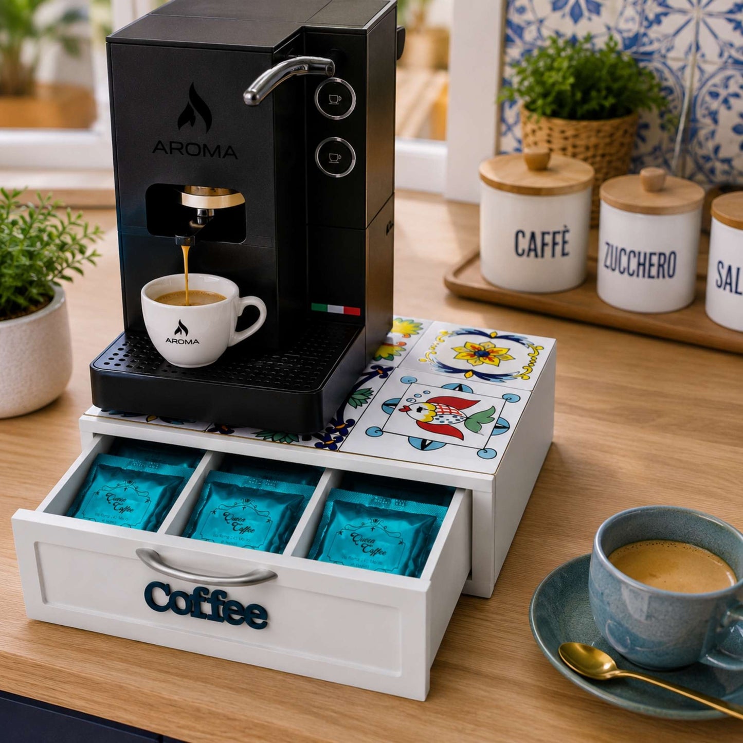 Cassetto Porta Cialde Caffè 3 Scomparti Legno Bianco Maioliche Pesce 30x30x10 cm