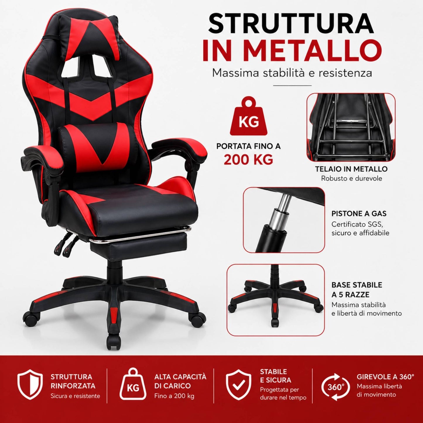 Sedia Gaming Poltrona Scrivania Ufficio Casa Reclinabile Poggiapiedi Red/Black