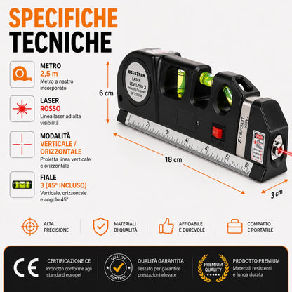 Livella Laser con Metro a Nastro 250 cm Misuratore Linee Multifunzione