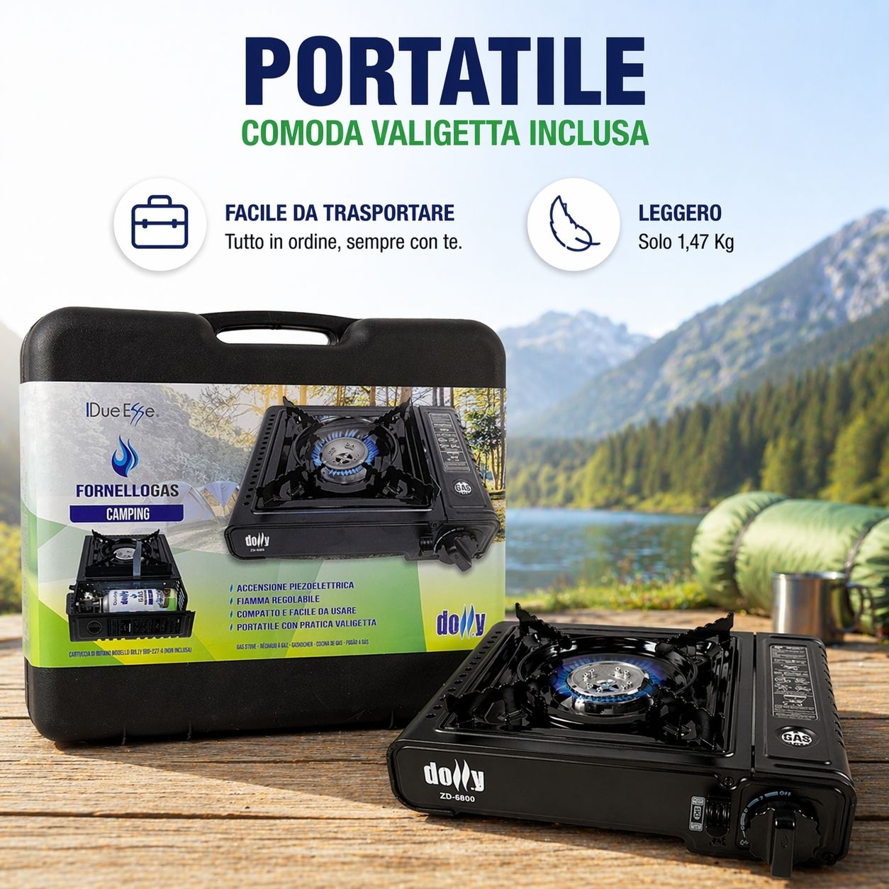 Fornello Gas Portatile Camping con Valigetta Accensione Piezo 1 Fuoco Compatto
