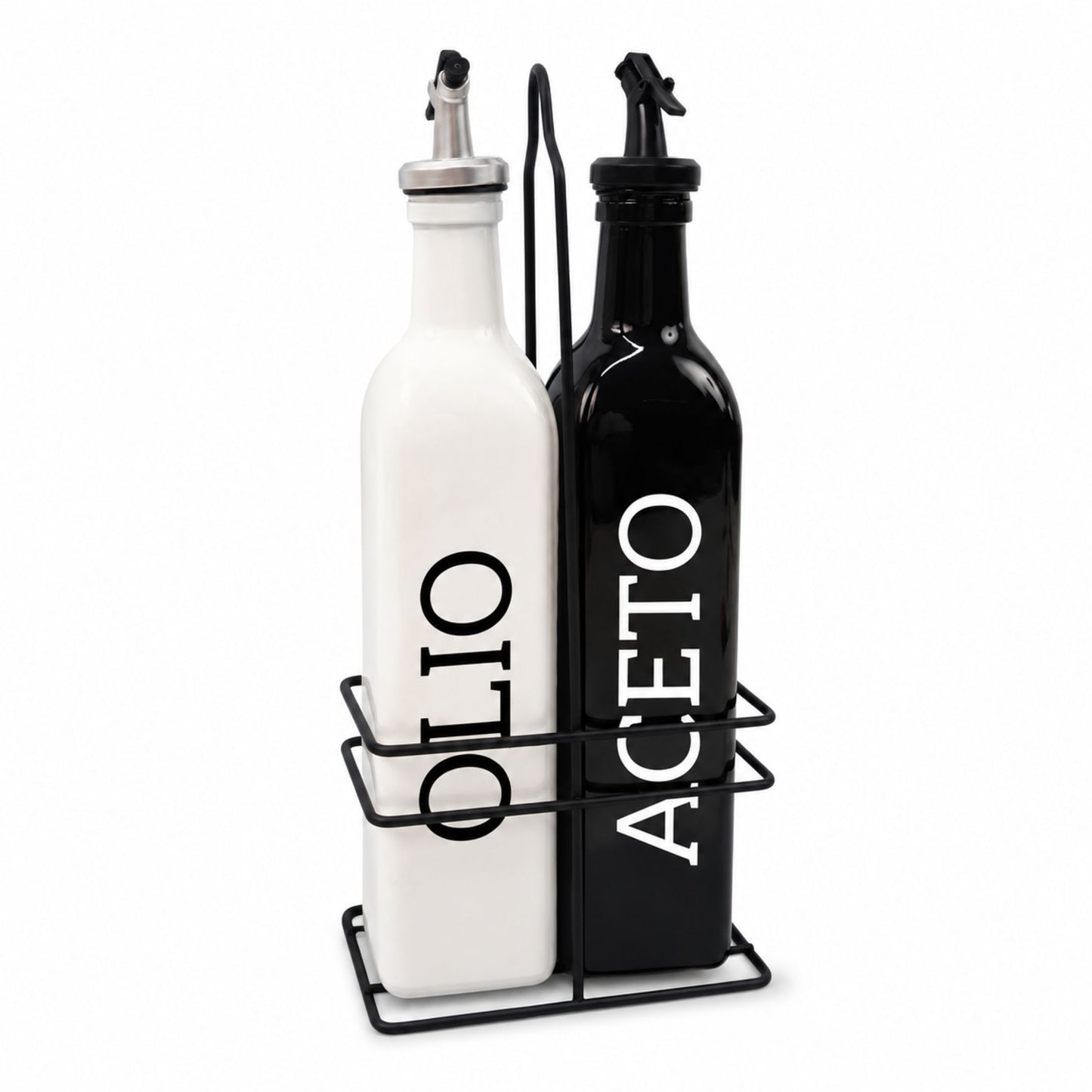 Set Olio Aceto 2 Bottiglie da 500ml con Supporto Metallo Dosatore Cucina Design