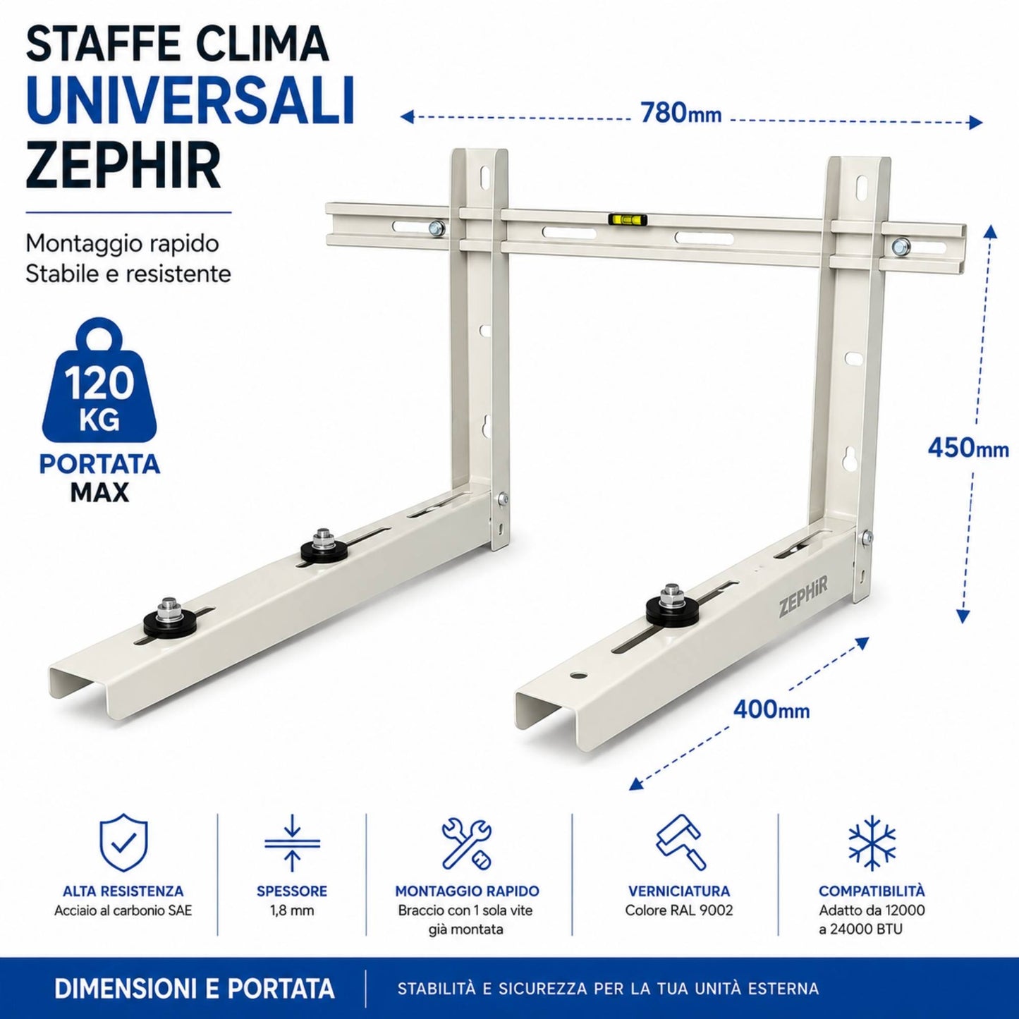 Staffe Condizionatore 120Kg 780x400x450 Montaggio Rapido Antivibrazione