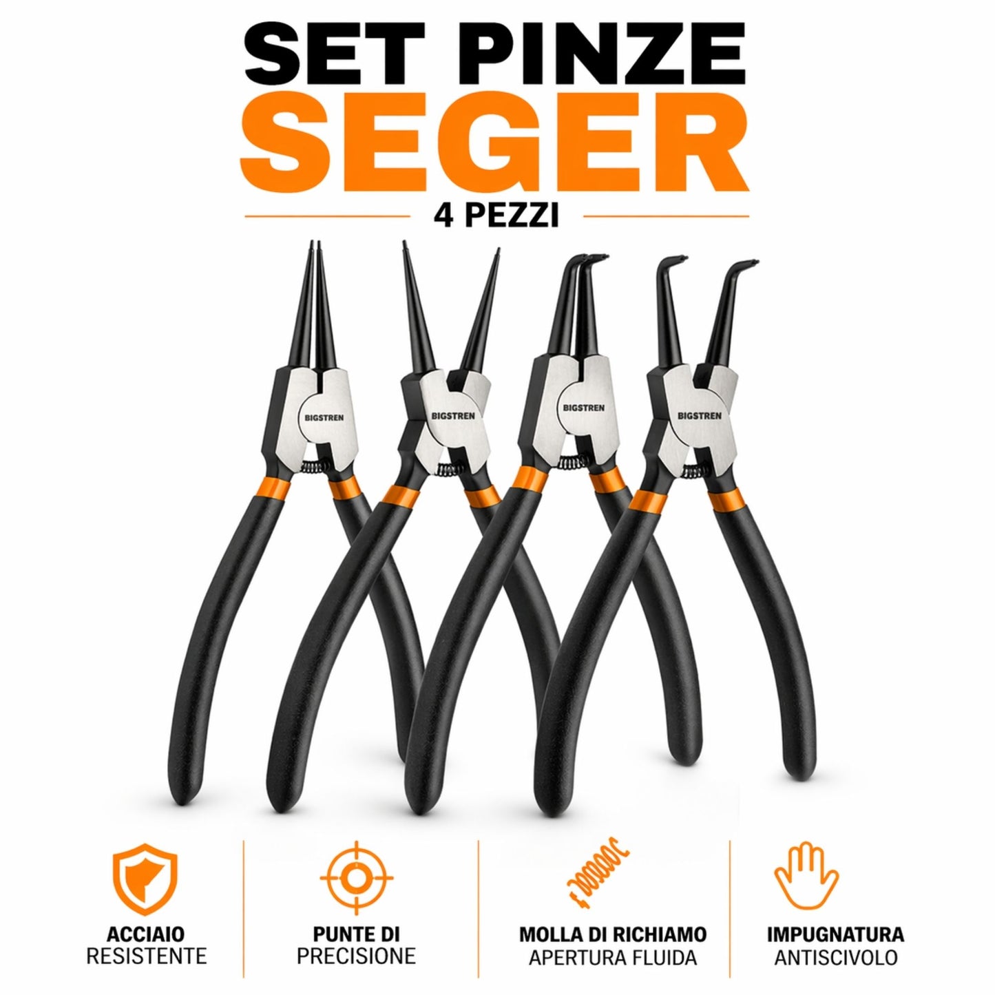 SET 4 Pinze Seeger Anelli Elastici Fermi Interne Esterne Dritte Curve Acciaio