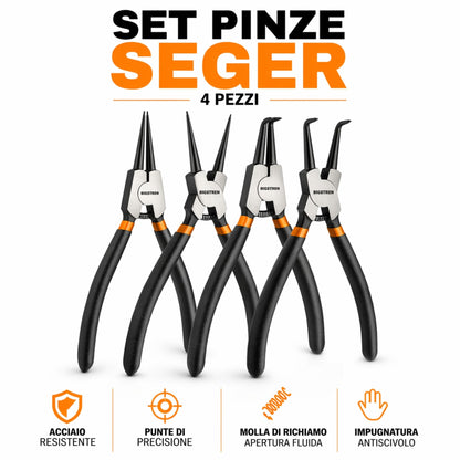 SET 4 Pinze Seeger Anelli Elastici Fermi Interne Esterne Dritte Curve Acciaio
