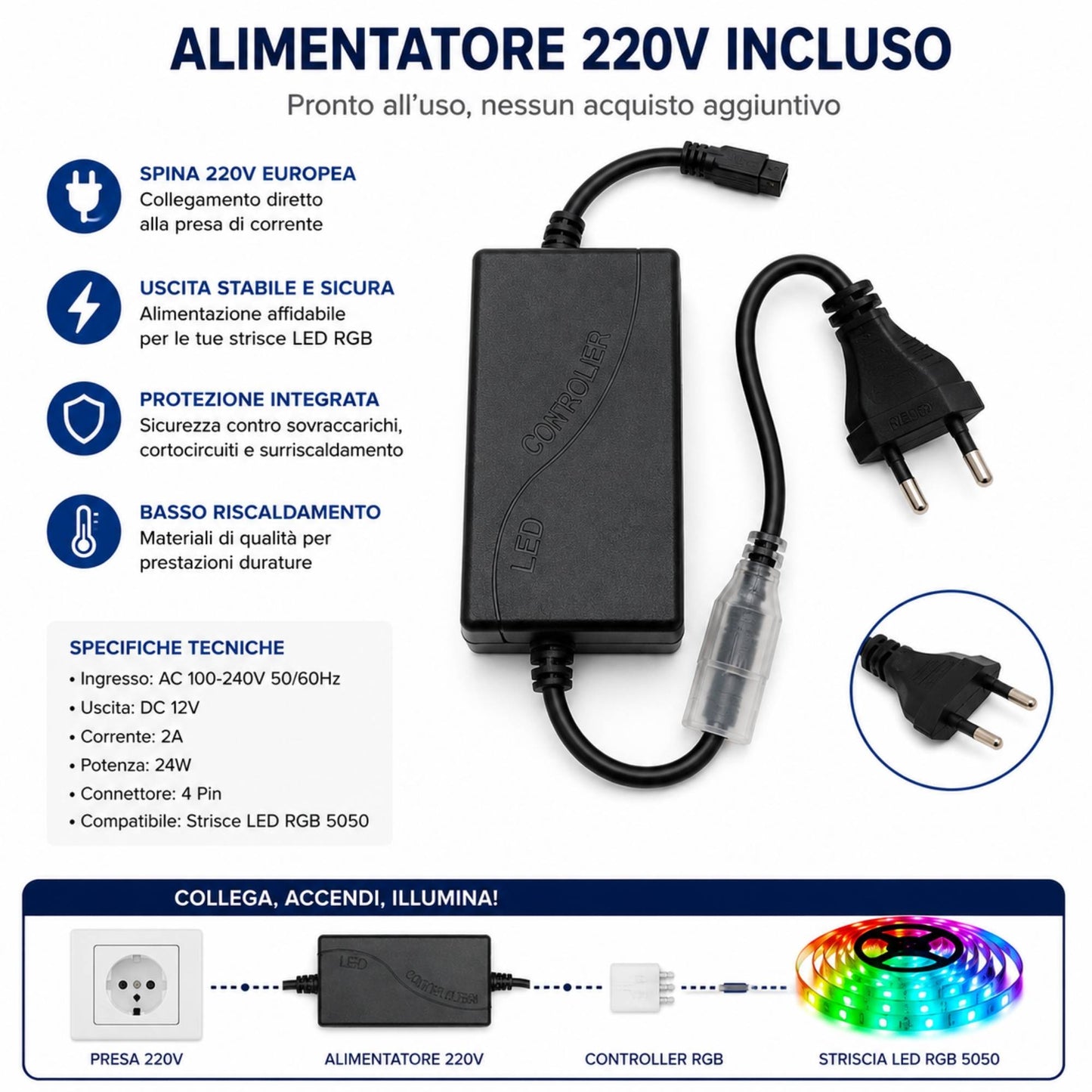 Alimentatore Controller 220V Con Telecomando 24 Tasti Per Striscia LED RGB 5050