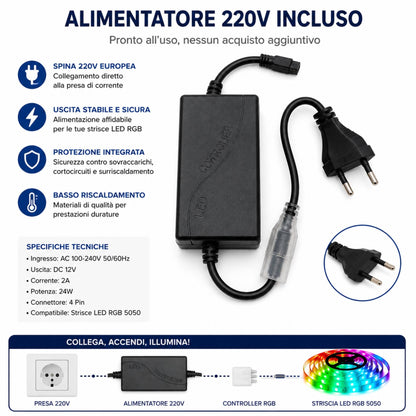 Alimentatore Controller 220V Con Telecomando 24 Tasti Per Striscia LED RGB 5050