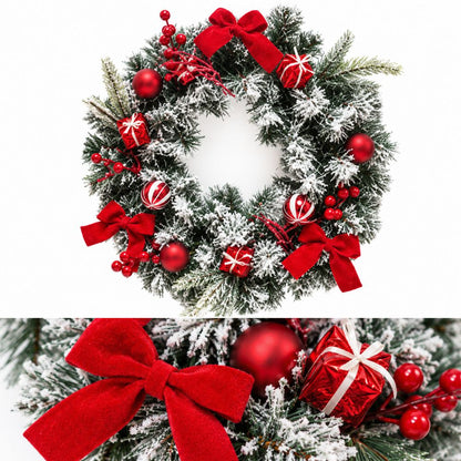 Ghirlanda Natalizia Innevata 40 cm Fuoriporta Fiocchi Palline e Pacchi Regalo
