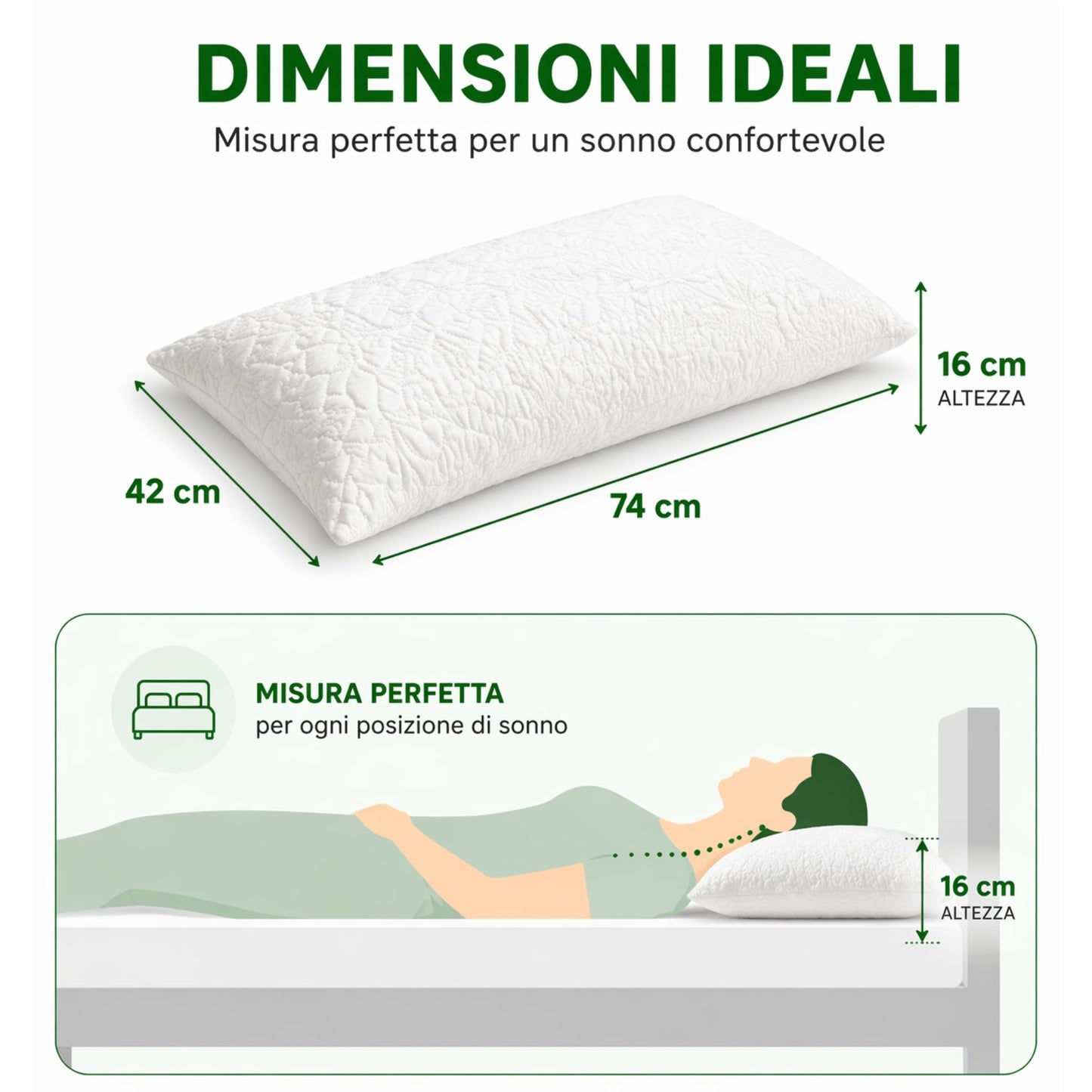 Cuscino Guanciale Ortopedico Fiocco Memory Anallergico Antiacaro 74X42 H 16 cm