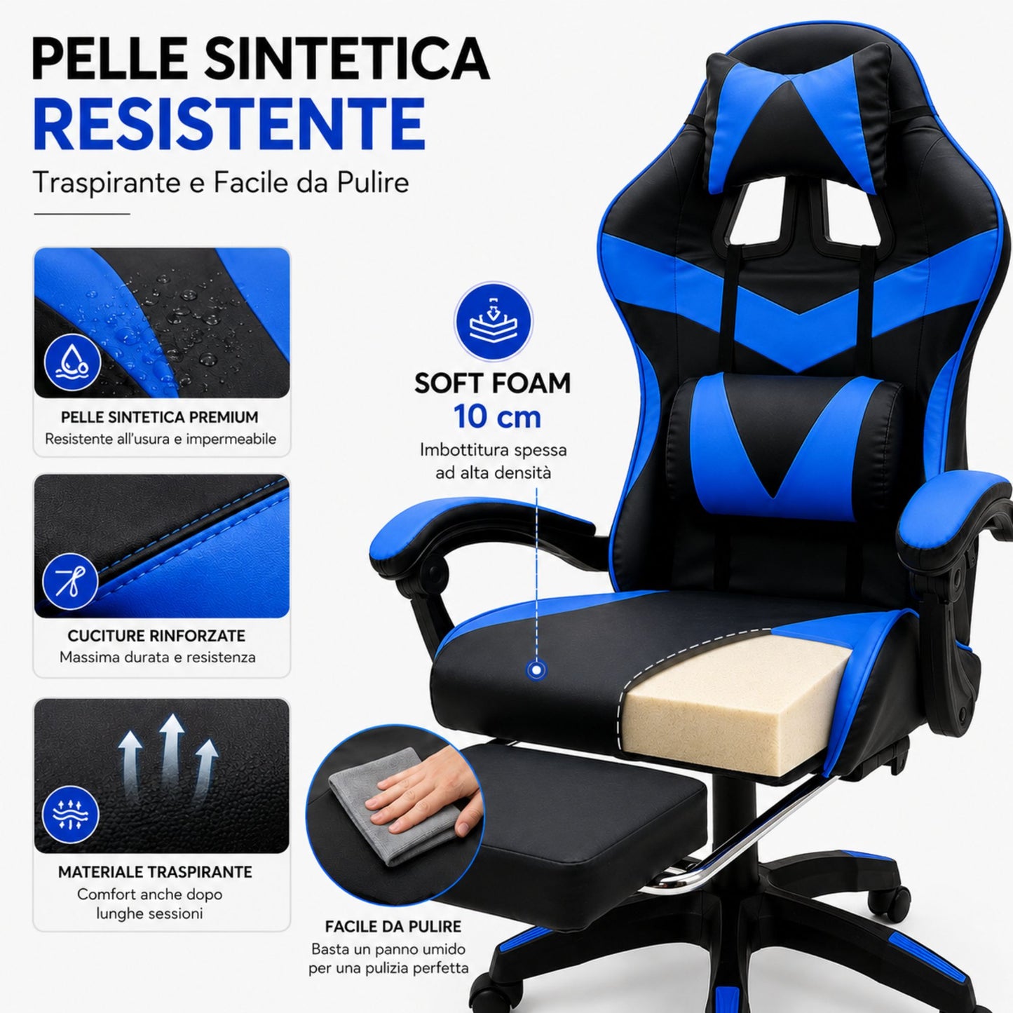 Sedia Gaming Poltrona Scrivania Ufficio Casa Reclinabile Poggiapiedi Blu/Black