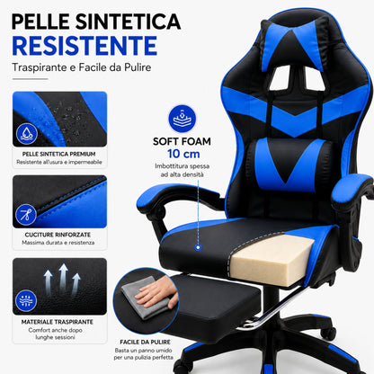 Sedia Gaming Poltrona Scrivania Ufficio Casa Reclinabile Poggiapiedi Blu/Black