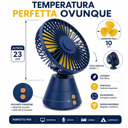 Mini Ventilatore da Tavolo Portatile con Batteria Ricaricabile Luce Led usb