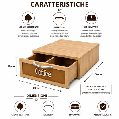 Cassetto Porta Cialde Caffè Legno Scuro 2 Scomparti 30x20x10cm Maniglia Coffee