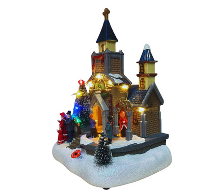 Giostrina Natalizia Chiesa con Personaggi in Movimento Luci LED Musica di Natale