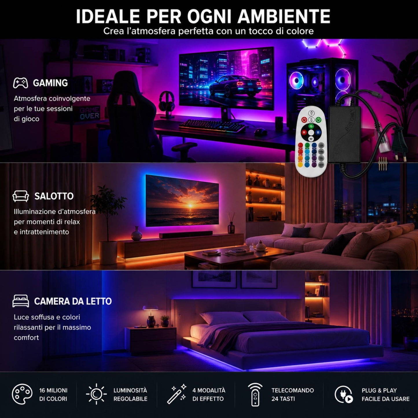 Alimentatore Controller 220V Con Telecomando 24 Tasti Per Striscia LED RGB 5050