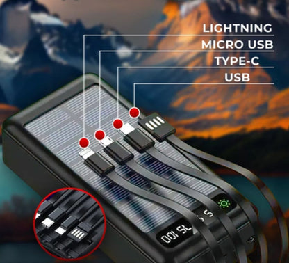 Power Bank Solare 50000 mAh Impermeabile Ricarica Rapida 4 Cavi USB Luce LED