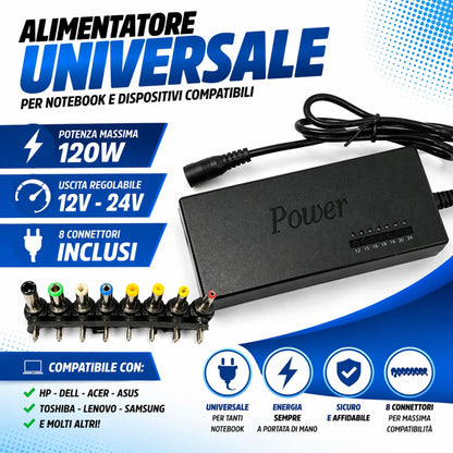 Alimentatore Caricatore Universale PC Notebook da 12 a 24V 120W 8 Adattatori
