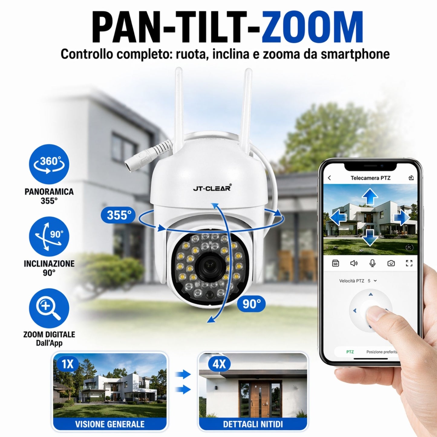 Telecamera WiFi Interno Esterno IP66 1080P HD PTZ Visione Notturna Audio App JT