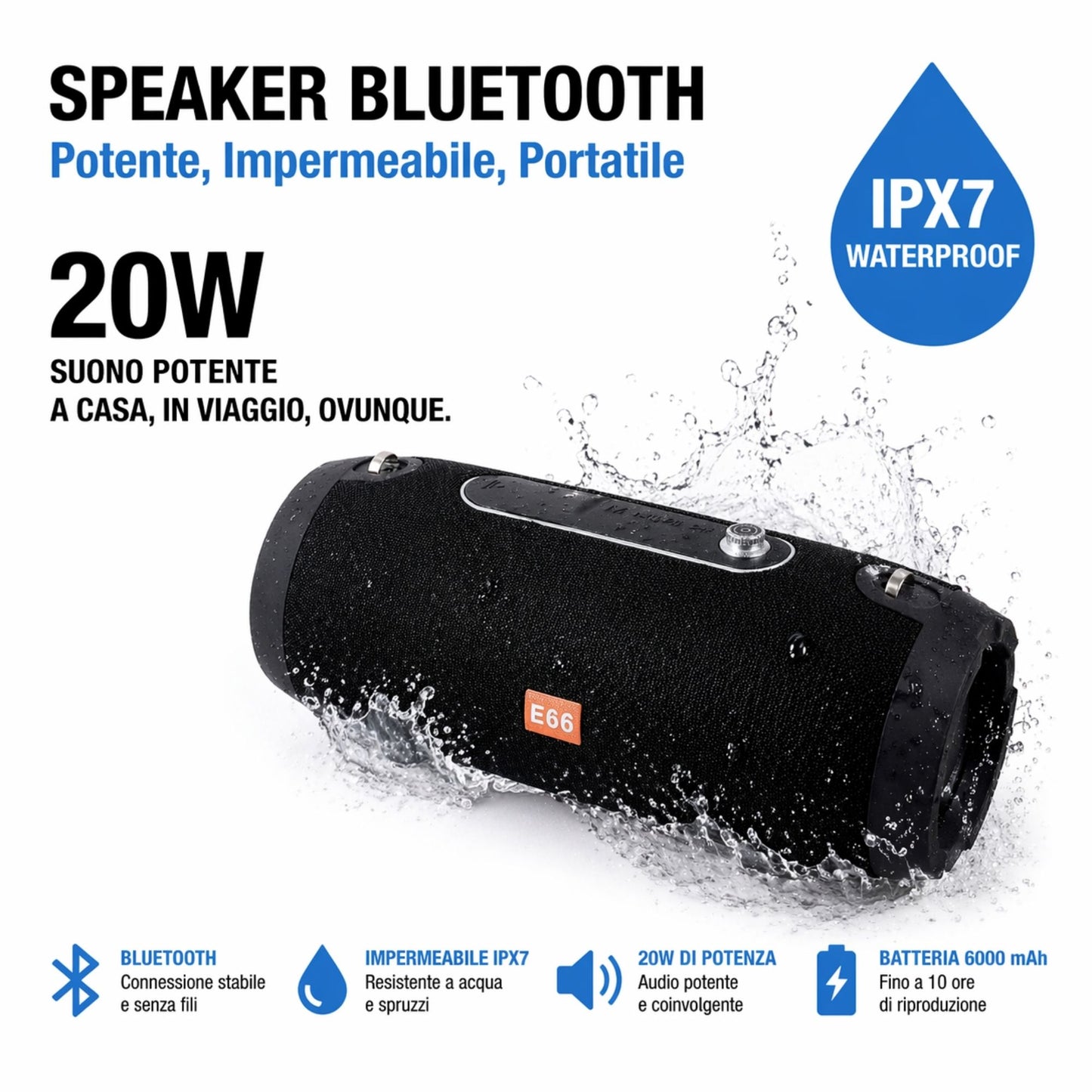 Speaker Bluetooth 20W Impermeabile IPX7 Portatile Wireless Cassa Audio E66