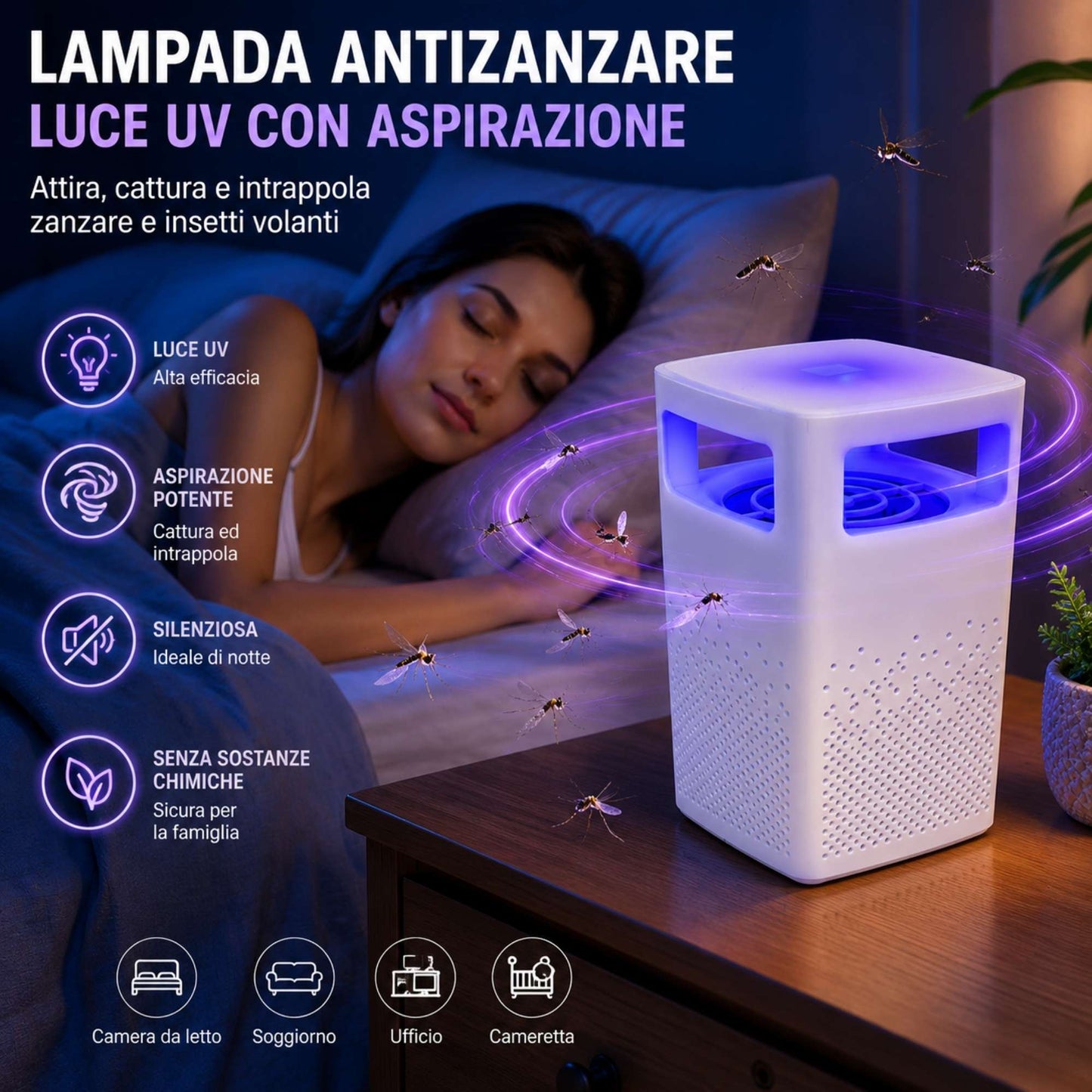 Lampada Antizanzare UV USB Aspirazione Silenziosa Trappola Insetti Casa Ufficio
