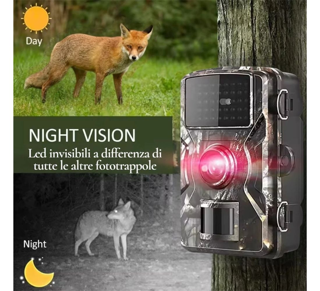 Fototrappola Fotocamera da Caccia Infrarossi LCD Full HD Impermeabile Led Neri