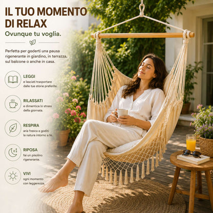 Amaca Poltrona Sospesa Brasiliana Cotone Ecrù Sedia Dondolo Giardino 130 x 97cm