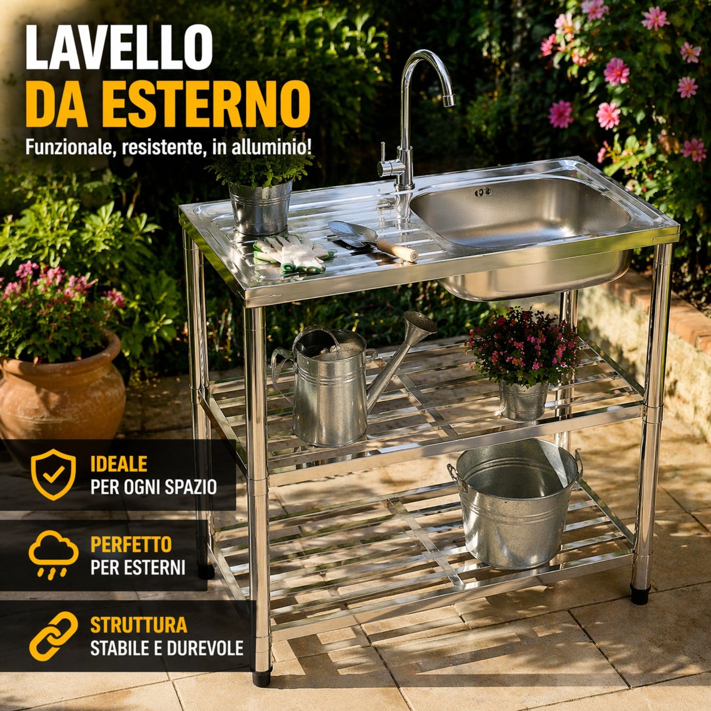 Lavello da Cucina Esterno Metallo con Rubinetto 75x40x83 cm Mobile Ripiani