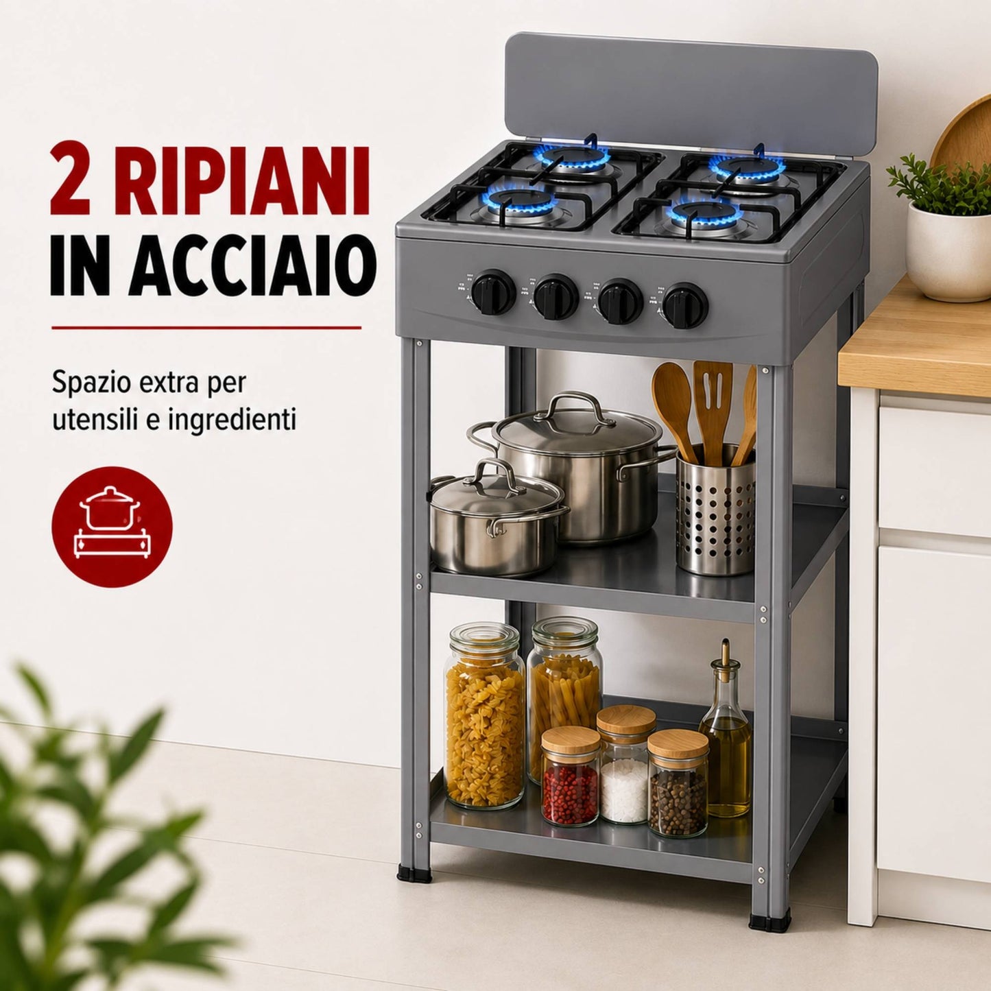 Fornello Gas 4 Fuochi con Ripiani Acciaio Cucina Esterno Mobile Compatto Grigio
