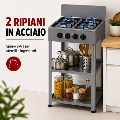 Fornello Gas 4 Fuochi con Ripiani Acciaio Cucina Esterno Mobile Compatto Grigio