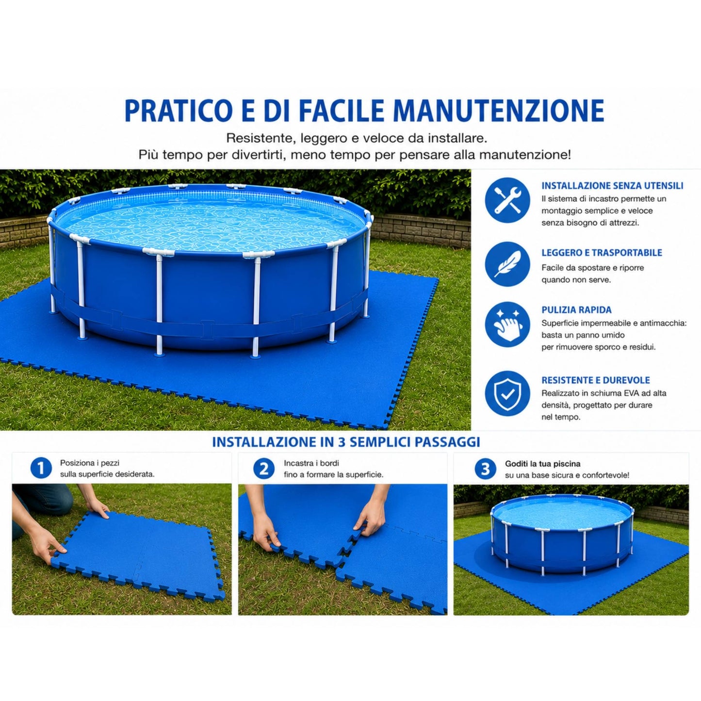 Tappeto Puzzle EVA Fondo Piscina 4 Pezzi 60x60x1 cm Tappetino Antiscivolo Blu