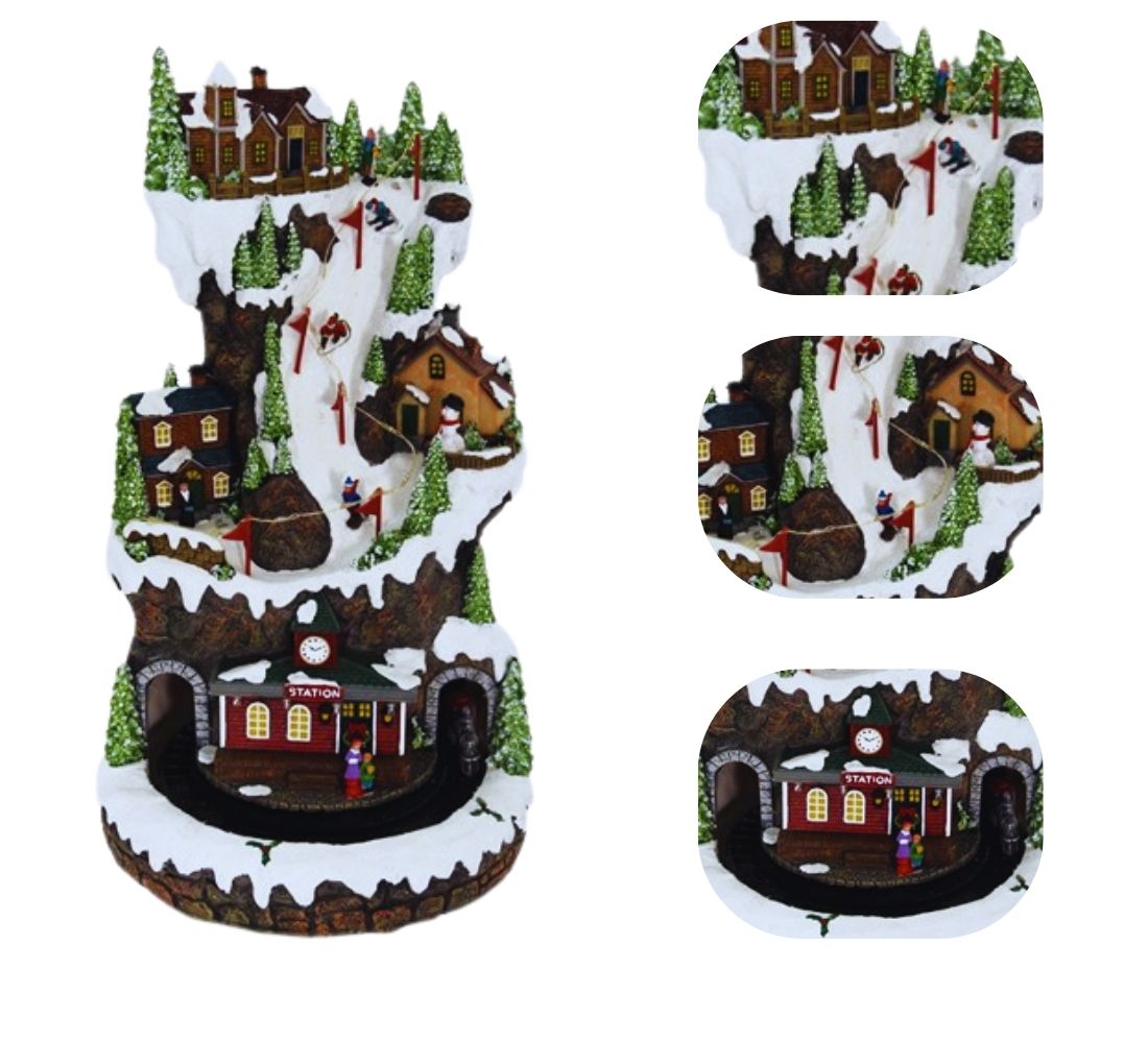Villaggio Natalizio Paesaggio Pista Sci Trenino Luci Suoni Movimento 33x20 cm