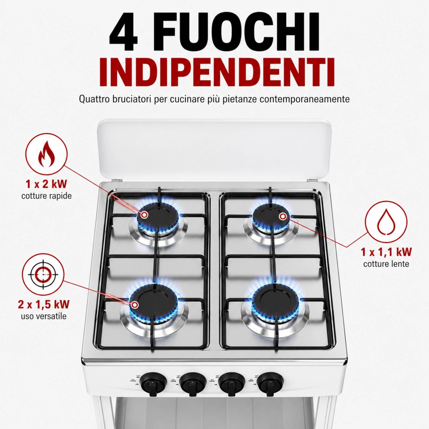 Fornello Gas 4 Fuochi con Ripiani Acciaio Cucina Esterno Mobile Compatto Bianco