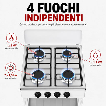 Fornello Gas 4 Fuochi con Ripiani Acciaio Cucina Esterno Mobile Compatto Bianco
