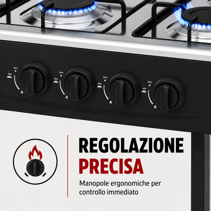 Fornello Gas 4 Fuochi con Ripiani Acciaio Cucina Esterno Mobile Compatto Nero